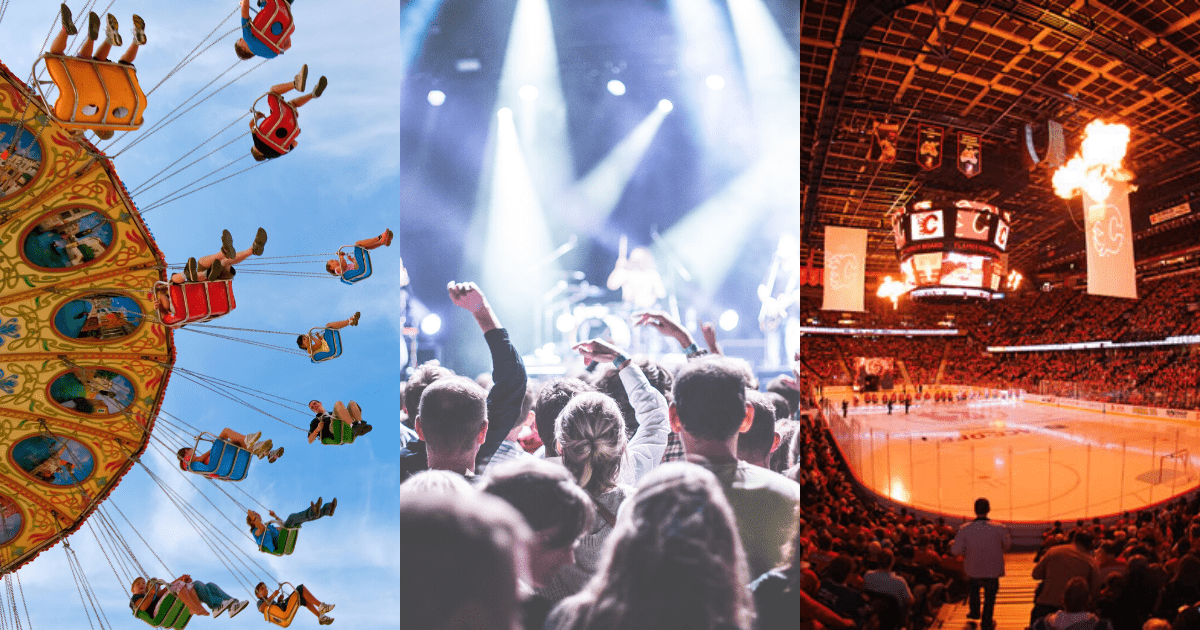 Look forward - collage of concert, restaurant, amusement park