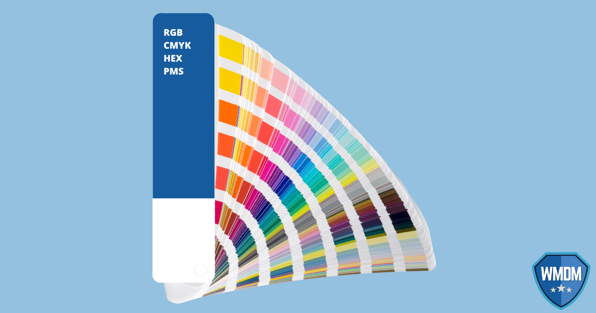 RGB CMYK HEX and PMS. Colour palette book over blue background.