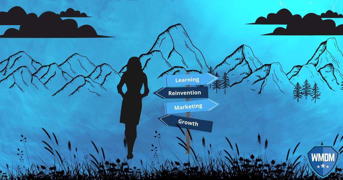 Marketing Agency - Blue background with mountains and woman standing by direction signs.